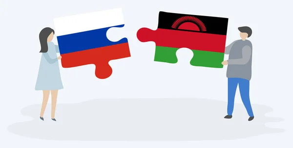 Rus Malavi Bayrakları Ile Iki Bulmaca Parçaları Tutan Çift Rusya — Stok Vektör