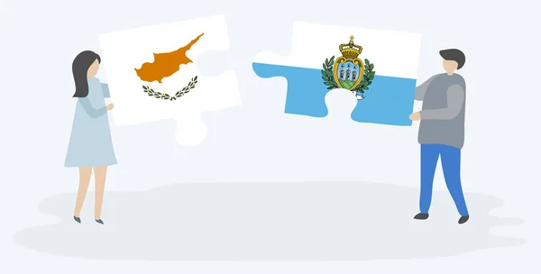 キプロスとサムマリンの旗を持つ2つのパズルピースを保持しているカップル キプロスとサンマリノの国のシンボルが一緒に — ストックベクタ