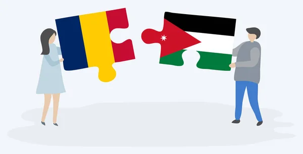 Couple Tenant Deux Pièces Puzzles Avec Des Drapeaux Tchadiens Jordaniens — Image vectorielle