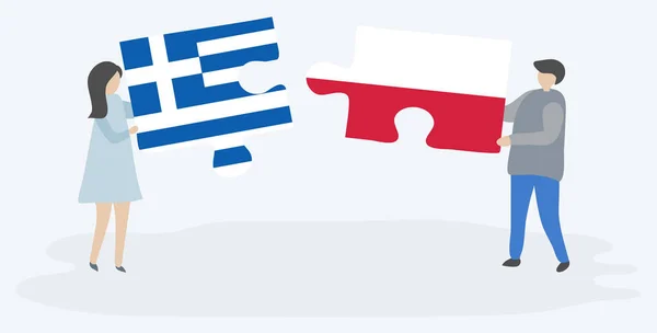 Ζευγάρι Που Κρατά Δύο Κομμάτια Παζλ Ελληνικές Και Πολωνικές Σημαίες — Διανυσματικό Αρχείο