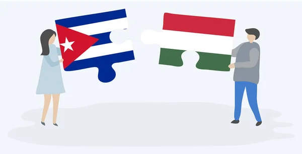 Couple Tenant Deux Pièces Puzzles Avec Des Drapeaux Cubains Hongrois — Image vectorielle