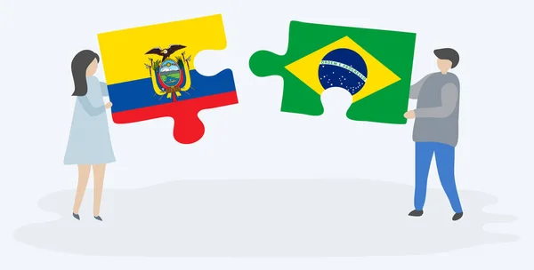 Ζευγάρι Που Κρατά Δύο Κομμάτια Παζλ Σημαίες Εκουαδόρ Και Βραζιλίας — Διανυσματικό Αρχείο