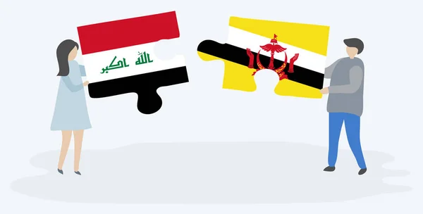 Pareja Sosteniendo Dos Piezas Rompecabezas Con Banderas Iraquíes Bruneanas Iraq — Vector de stock