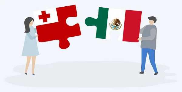Couple Holding Two Puzzles Pieces Tongan Mexican Flags Tonga Mexico — Stock Vector