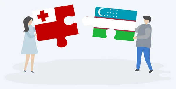 Couple Holding Two Puzzles Pieces Tongan Uzbek Flags Tonga Uzbekistan — Stock Vector