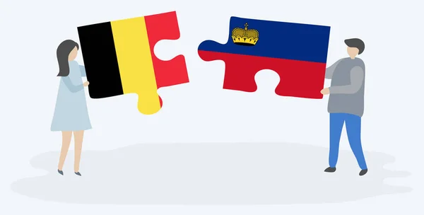 Casal Segurando Duas Peças Quebra Cabeças Com Bandeiras Belgas Liechtenstein — Vetor de Stock