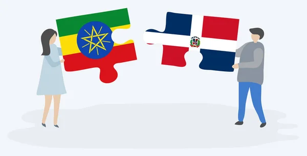 Casal Segurando Duas Peças Quebra Cabeças Com Bandeiras Etíopes Dominicanos —  Vetores de Stock