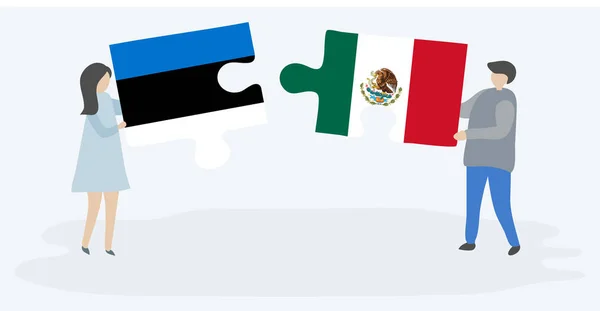 Pareja Sosteniendo Dos Piezas Rompecabezas Con Banderas Estonia México Estonia — Vector de stock