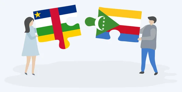 Dvojice Drží Dvě Skládanky Vlajkami Středoafrických Comorových Národní Symboly Středoafrické — Stockový vektor