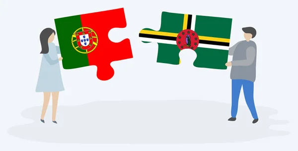 ポルトガルとドミニカの旗を持つ2つのパズルのピースを保持しているカップル ポルトガルとドミニカのシンボルが一緒に — ストックベクタ