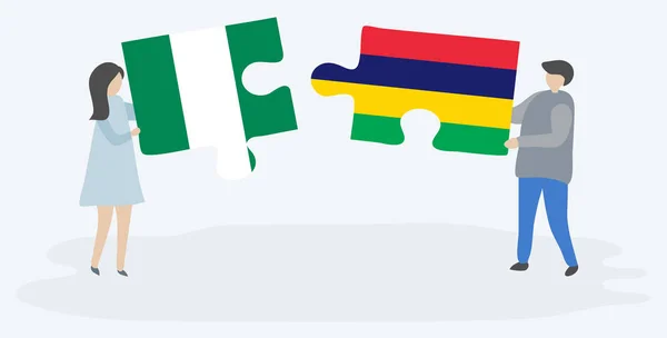 Пара Держащая Две Головоломки Нигерийскими Маврикийскими Флагами Нигерия Маврикий Вместе — стоковый вектор