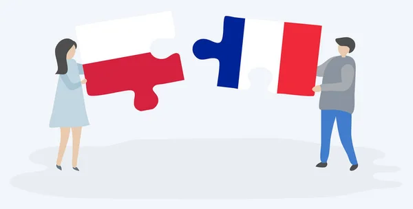 Couple Tenant Deux Pièces Puzzles Avec Des Drapeaux Polonais Français — Image vectorielle