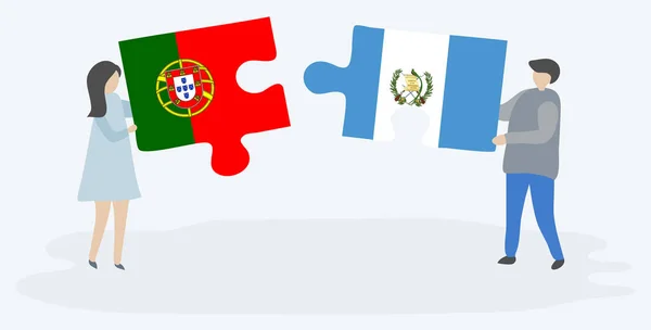 Couple Holding Two Puzzles Pieces Portuguese Guatemalan Flags Portugal Guatemala — Stock Vector