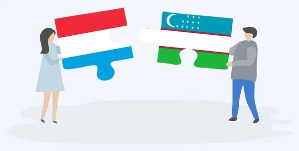 Casal Segurando Duas Peças Quebra Cabeças Com Bandeiras Luxemburguesas Uzbeques —  Vetores de Stock