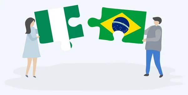 Casal Segurando Duas Peças Quebra Cabeças Com Bandeiras Nigerianas Brasileiras — Vetor de Stock