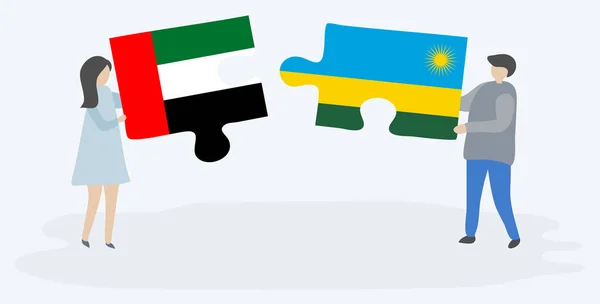 Paar Houden Twee Puzzels Stukken Met Emirian Rwankaanse Vlaggen Verenigde — Stockvector