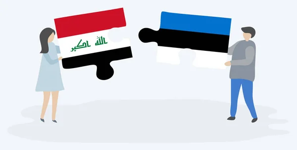 Pareja Sosteniendo Dos Piezas Rompecabezas Con Banderas Iraquíes Estonias Iraq — Vector de stock