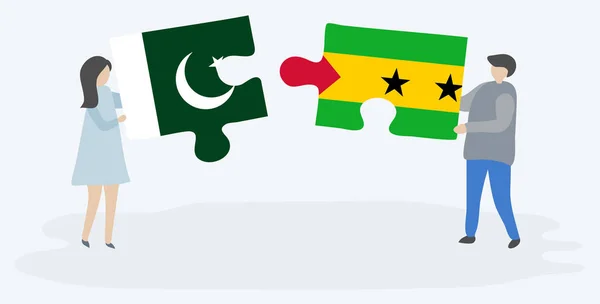 Pakistan Sao Tomean Bayrakları Ile Iki Bulmaca Parçaları Tutan Çift — Stok Vektör