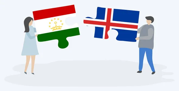 Pareja Sosteniendo Dos Piezas Rompecabezas Con Banderas Tayikistán Islandia Tayikistán — Vector de stock