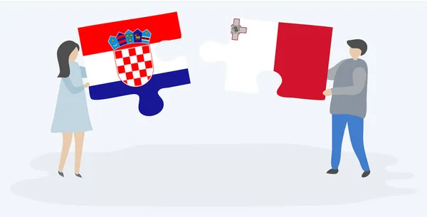Ζευγάρι Που Κρατά Δύο Κομμάτια Παζλ Κροατικές Και Μαλτέζικες Σημαίες — Διανυσματικό Αρχείο