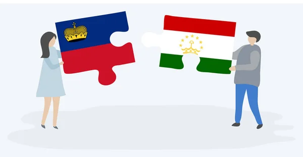 Lihtenştayn Tacikistani Bayrakları Ile Iki Bulmaca Parçaları Tutan Çift Lihtenştayn — Stok Vektör