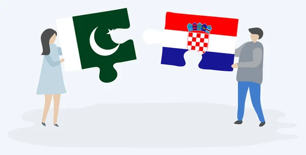 Ζευγάρι Που Κρατά Δύο Κομμάτια Παζλ Πακιστανικές Και Κροατικές Σημαίες — Διανυσματικό Αρχείο