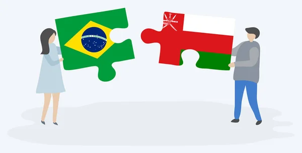 Brezilya Umman Bayrakları Ile Iki Bulmaca Parçaları Tutan Çift Brezilya — Stok Vektör