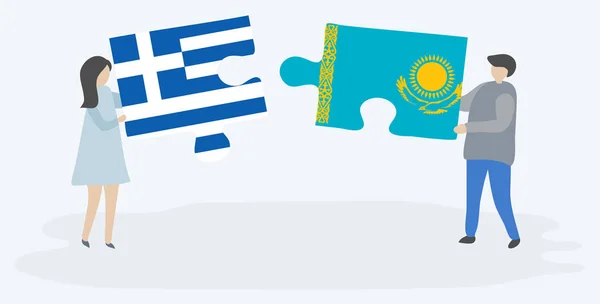 Yunan Kazak Bayrakları Ile Iki Bulmaca Parçaları Tutan Çift Yunanistan — Stok Vektör