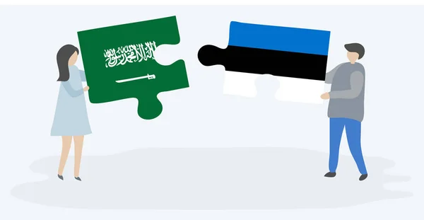 Couple Holding Two Puzzles Pieces Saudi Arabian Estonian Flags Saudi — Stock Vector