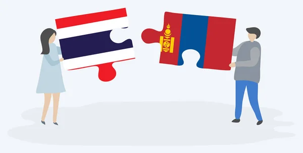 Paar Houden Twee Puzzels Stukken Met Thaise Mongoolse Vlaggen Thailand — Stockvector