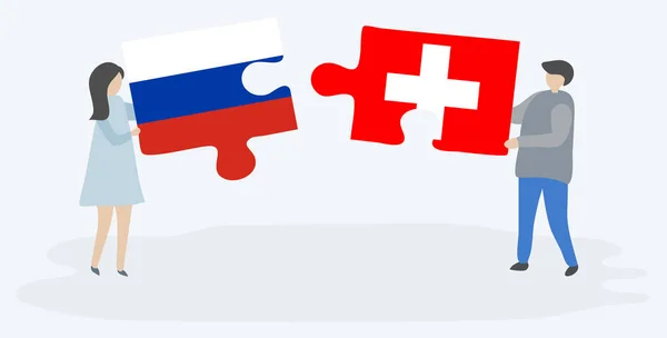 Couple Holding Two Puzzles Pieces Russian Swiss Flags Russia Switzerland — Stock Vector