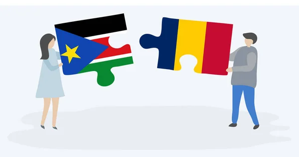 Pareja Sosteniendo Dos Piezas Rompecabezas Con Banderas Sudán Del Sur — Vector de stock