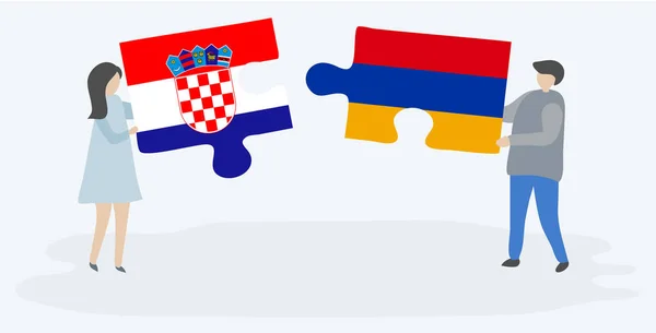 Casal Segurando Duas Peças Quebra Cabeças Com Bandeiras Croatas Armênias — Vetor de Stock