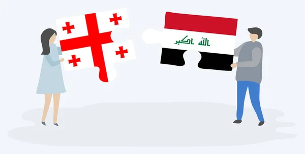 Couple Tenant Deux Pièces Puzzles Avec Des Drapeaux Géorgien Irakien — Image vectorielle