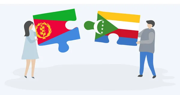Pareja Sosteniendo Dos Piezas Rompecabezas Con Banderas Eritreas Comoranas Eritrea — Vector de stock