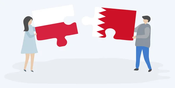Par Som Innehar Två Pusselbitar Med Polska Och Bahraini Flaggor — Stock vektor