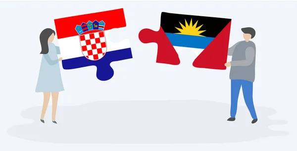 Ζευγάρι Που Κρατά Δύο Κομμάτια Παζλ Σημαίες Κροατών Και Antiguan — Διανυσματικό Αρχείο