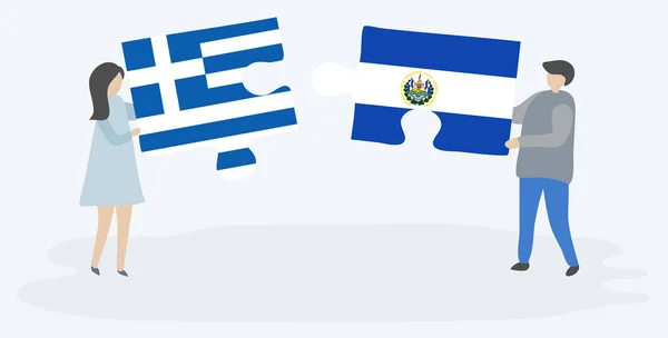 Couple Tenant Deux Pièces Puzzles Avec Des Drapeaux Grecs Salvadoriens — Image vectorielle