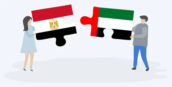 Paar Mit Zwei Puzzleteilen Mit Ägyptischen Und Emirischen Flaggen Ägypten — Stockvektor