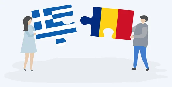 Ζευγάρι Που Κρατά Δύο Κομμάτια Παζλ Ελληνικές Και Ρουμανικές Σημαίες — Διανυσματικό Αρχείο