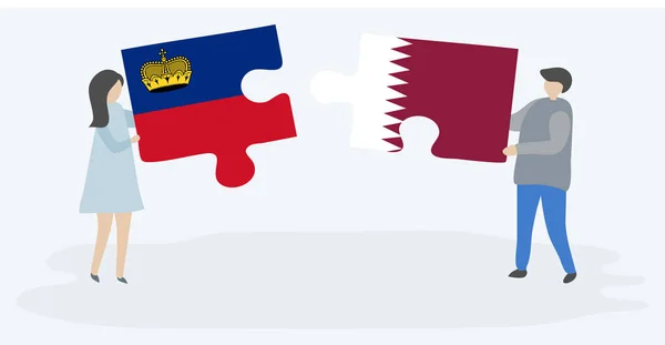 Paar Houden Twee Puzzels Stukken Met Liechtenstein Qatari Vlaggen Liechtenstein — Stockvector