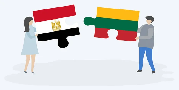 Couple Tenant Deux Pièces Puzzles Avec Des Drapeaux Égyptiens Lituaniens — Image vectorielle