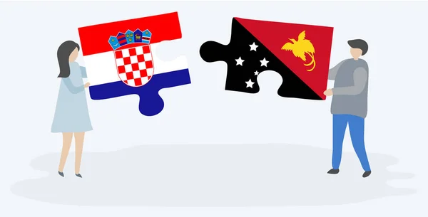 Paar Houden Twee Puzzels Stukken Met Kroatische Papuan Vlaggen Kroatië — Stockvector