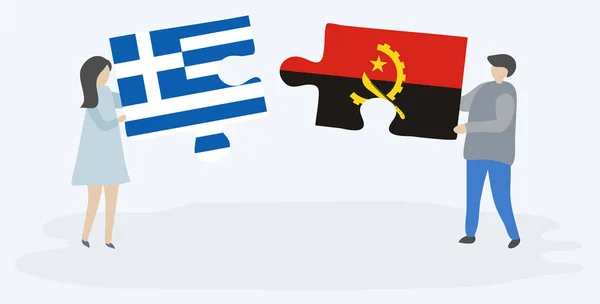 Yunan Angola Bayrakları Ile Iki Bulmaca Parçaları Tutan Çift Yunanistan — Stok Vektör