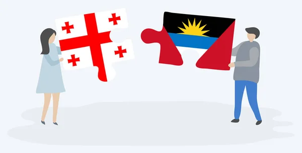 Couple Holding Two Puzzles Pieces Georgian Antiguan Flags Georgia Antigua — Stock Vector