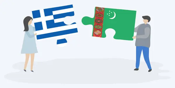 Ζευγάρι Που Κρατά Δύο Κομμάτια Παζλ Σημαίες Ελλήνων Και Τουρκμενιστάν — Διανυσματικό Αρχείο