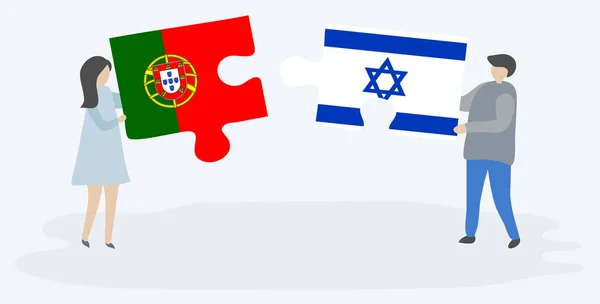 Couple Tenant Deux Pièces Puzzles Avec Des Drapeaux Portugais Israéliens — Image vectorielle