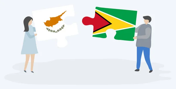 Pareja Sosteniendo Dos Piezas Rompecabezas Con Banderas Chipriotas Guyanesas Chipre — Vector de stock