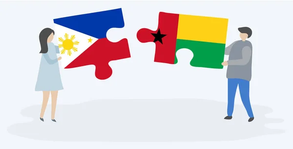 一对夫妇拿着两块拼图 上面挂着菲律宾和比绍 几内亚国旗 菲律宾和几内亚比绍国家符号在一起 — 图库矢量图片