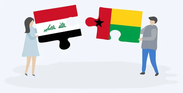 Pareja Sosteniendo Dos Piezas Rompecabezas Con Banderas Iraquíes Bissau Guineanas — Vector de stock
